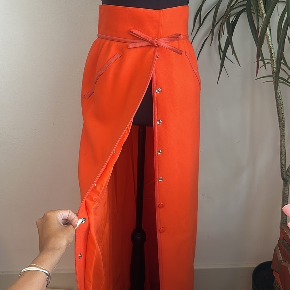 Vintage 1960 Andre Courreges orange wool maxi skirt leather trim high waist maxi - Picture 8 of 9